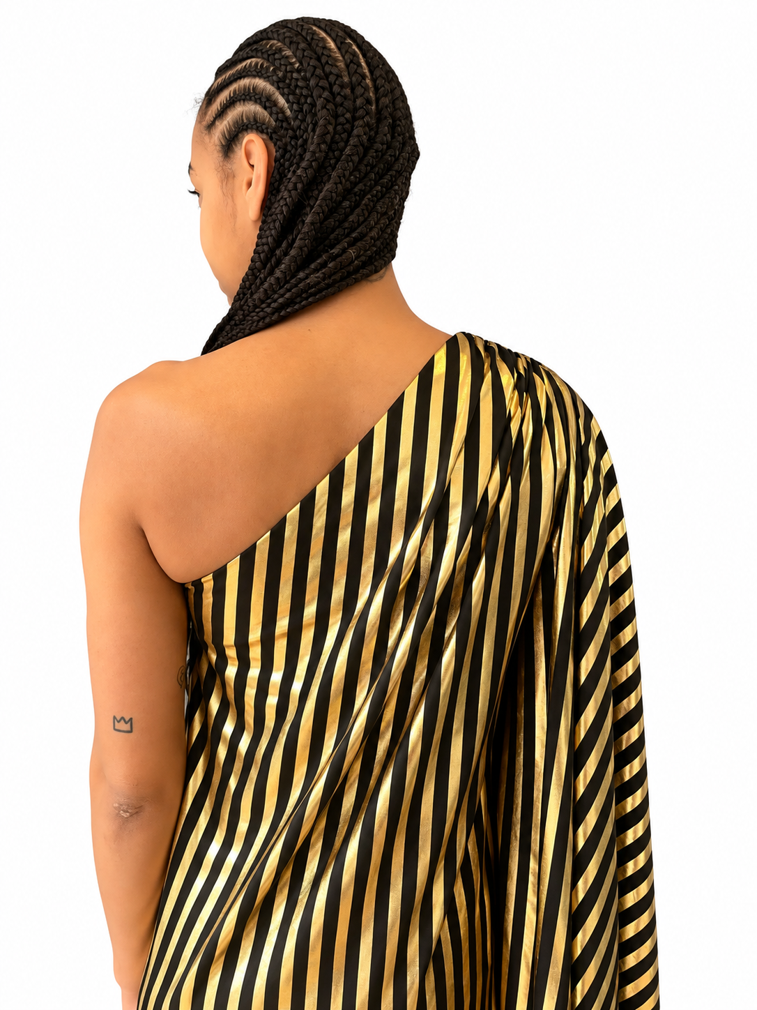 Olga Shoulder Dress in Black and Gold Stripe