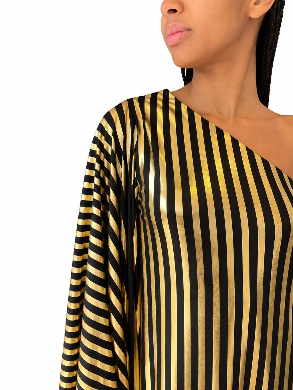 Olga Shoulder Dress in Black and Gold Stripe