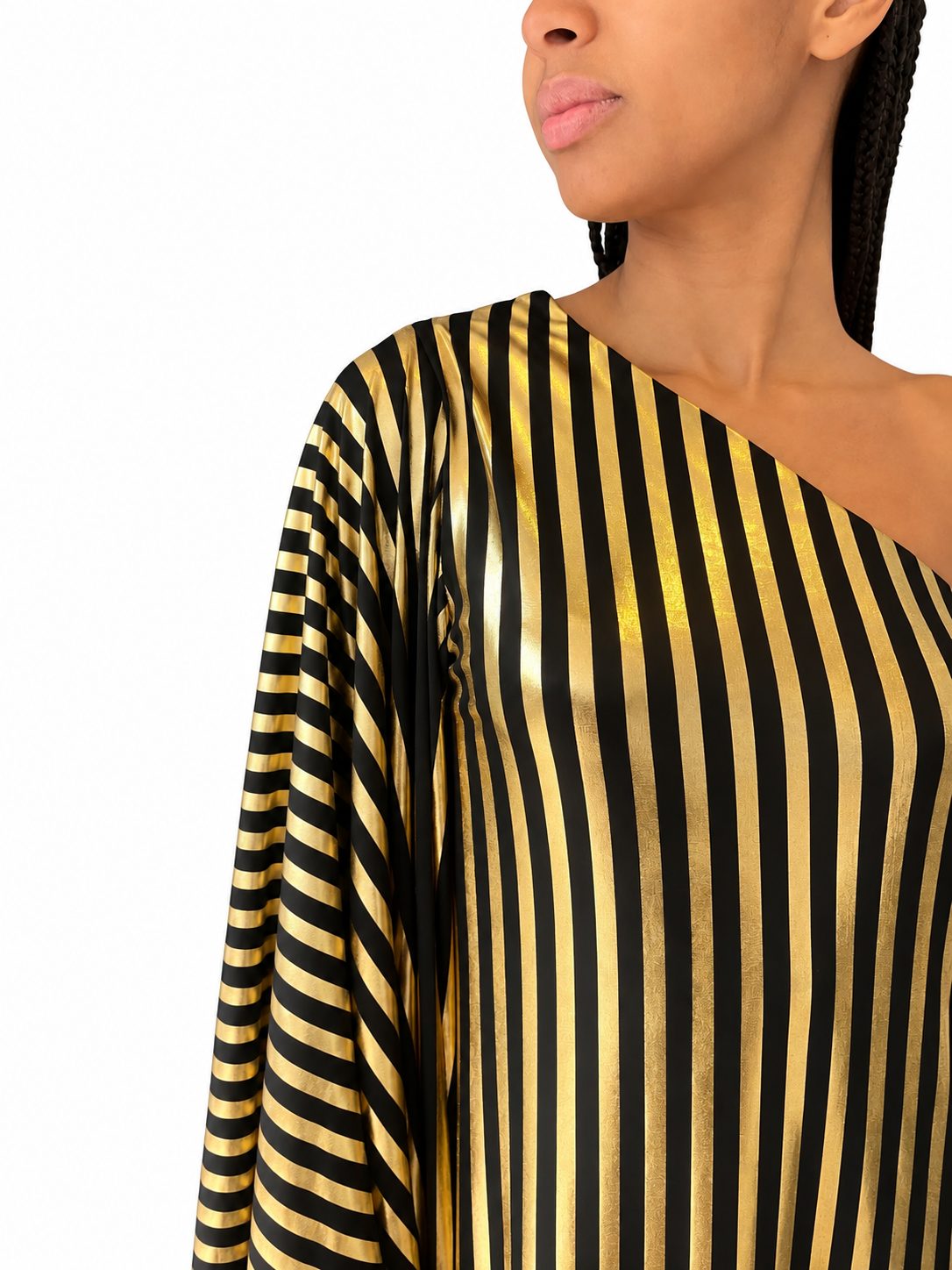 Olga Shoulder Dress in Black and Gold Stripe