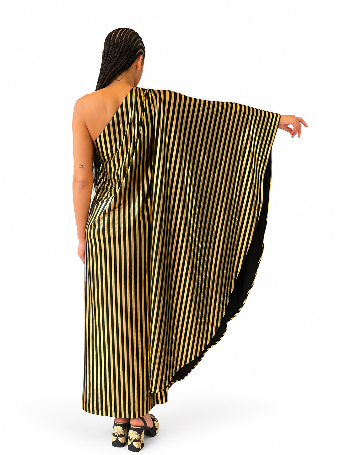 Olga Shoulder Dress in Black and Gold Stripe