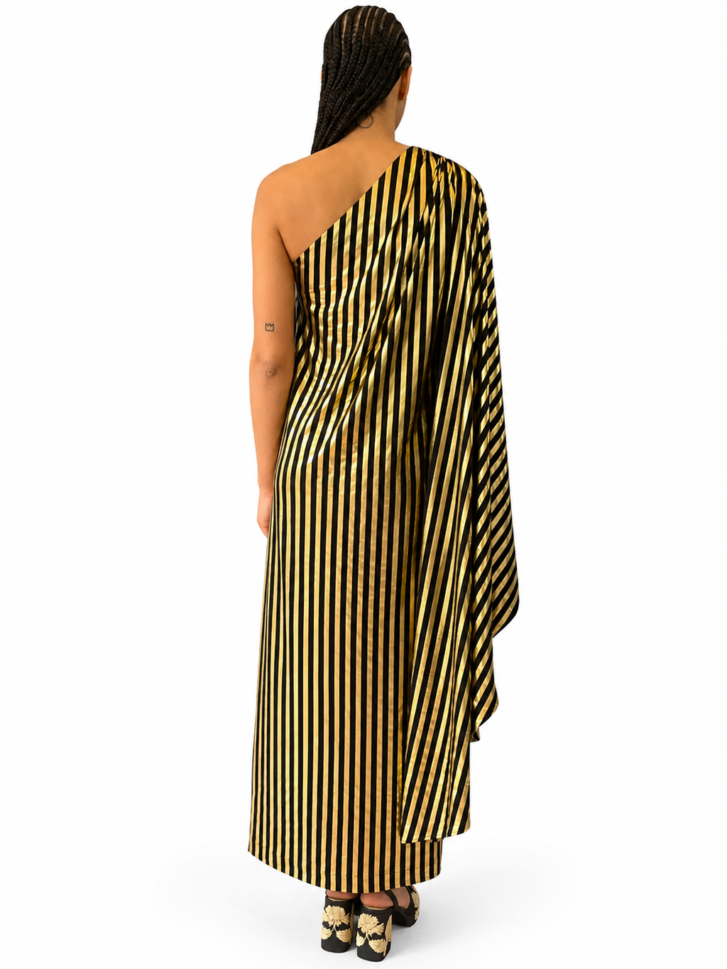 Olga Shoulder Dress in Black and Gold Stripe