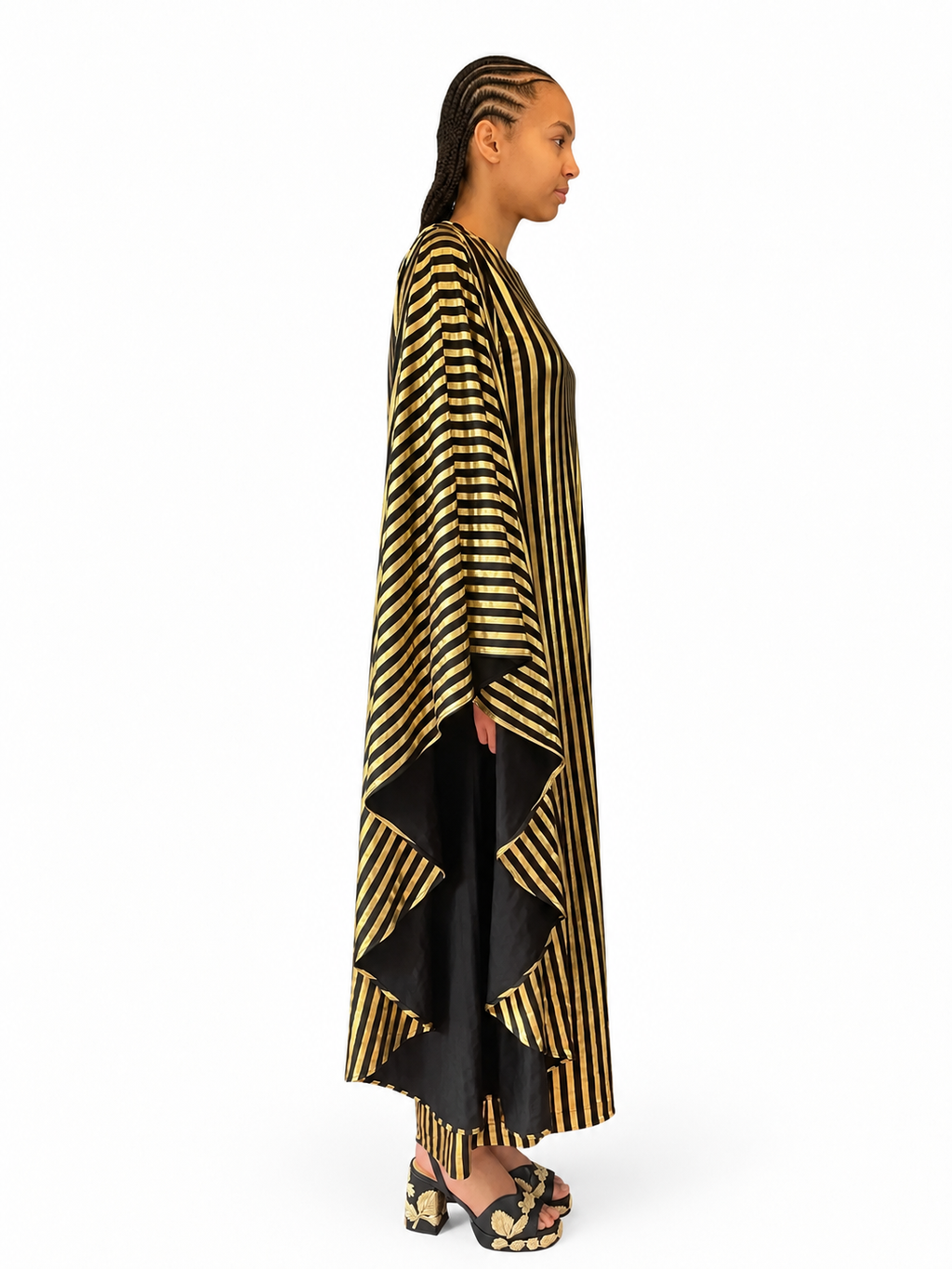 Olga Shoulder Dress in Black and Gold Stripe