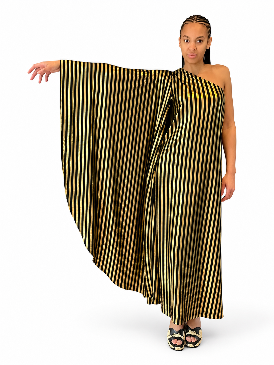 Olga Shoulder Dress in Black and Gold Stripe