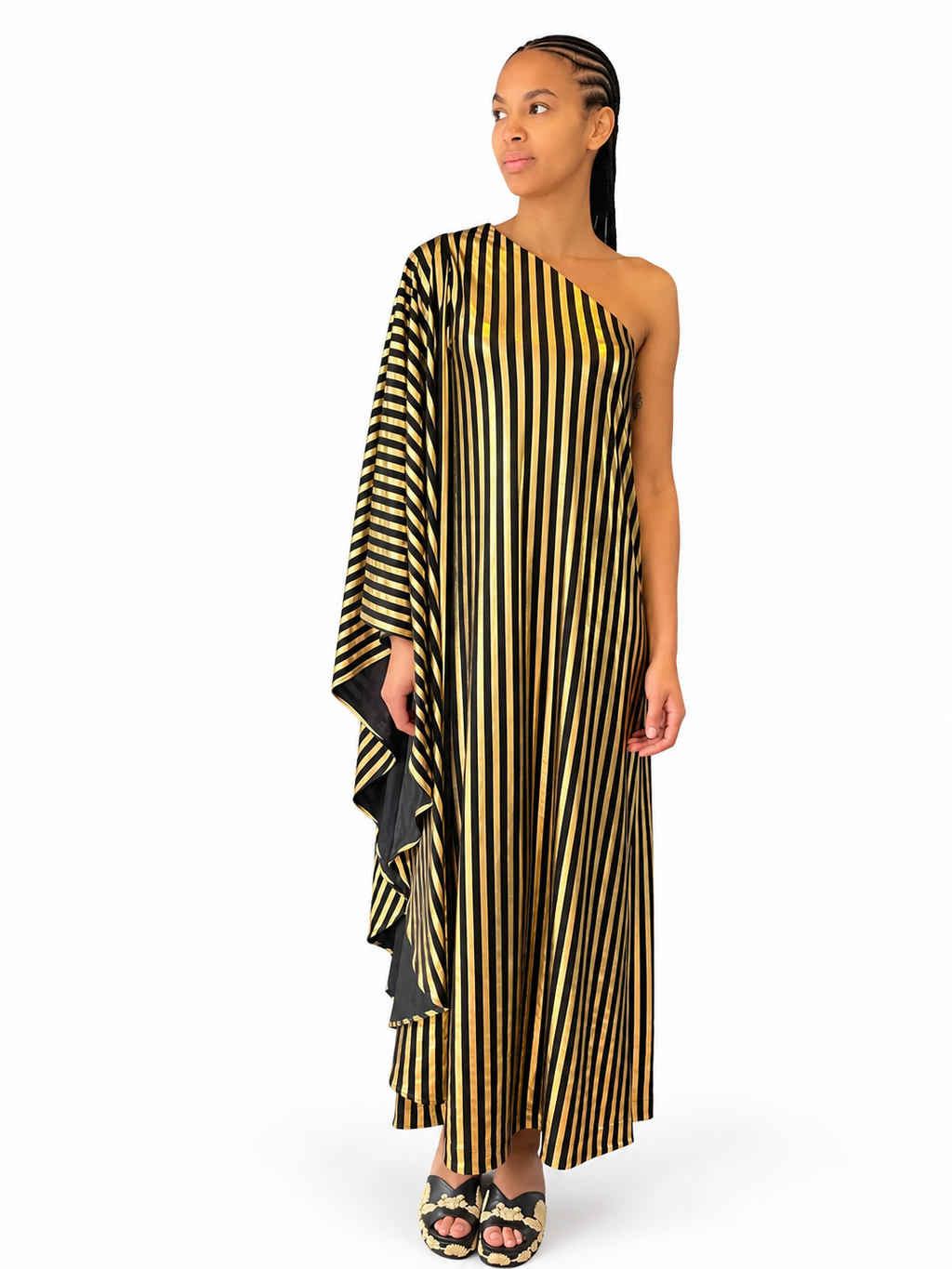 Olga Shoulder Dress in Black and Gold Stripe