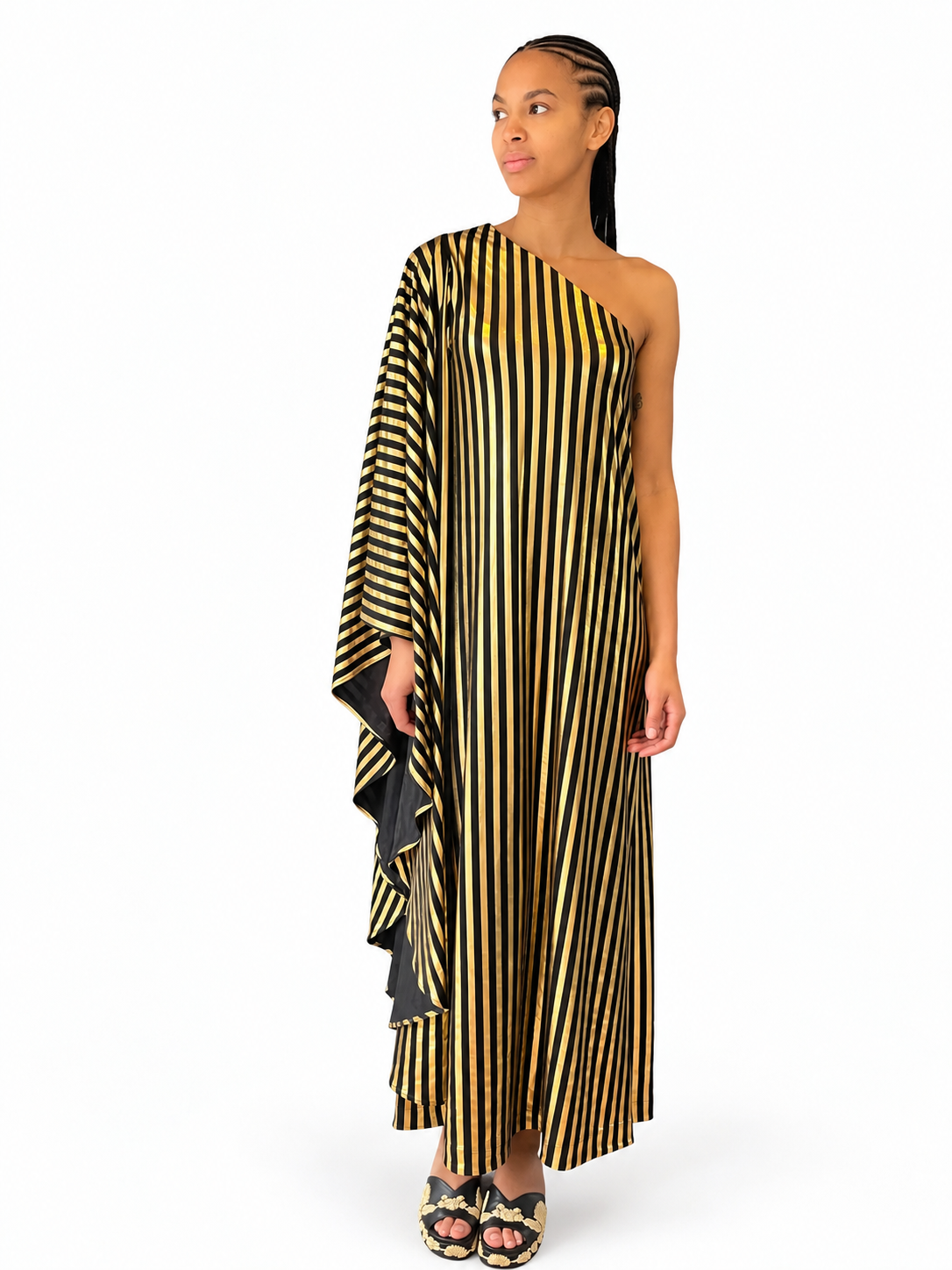 Olga Shoulder Dress in Black and Gold Stripe