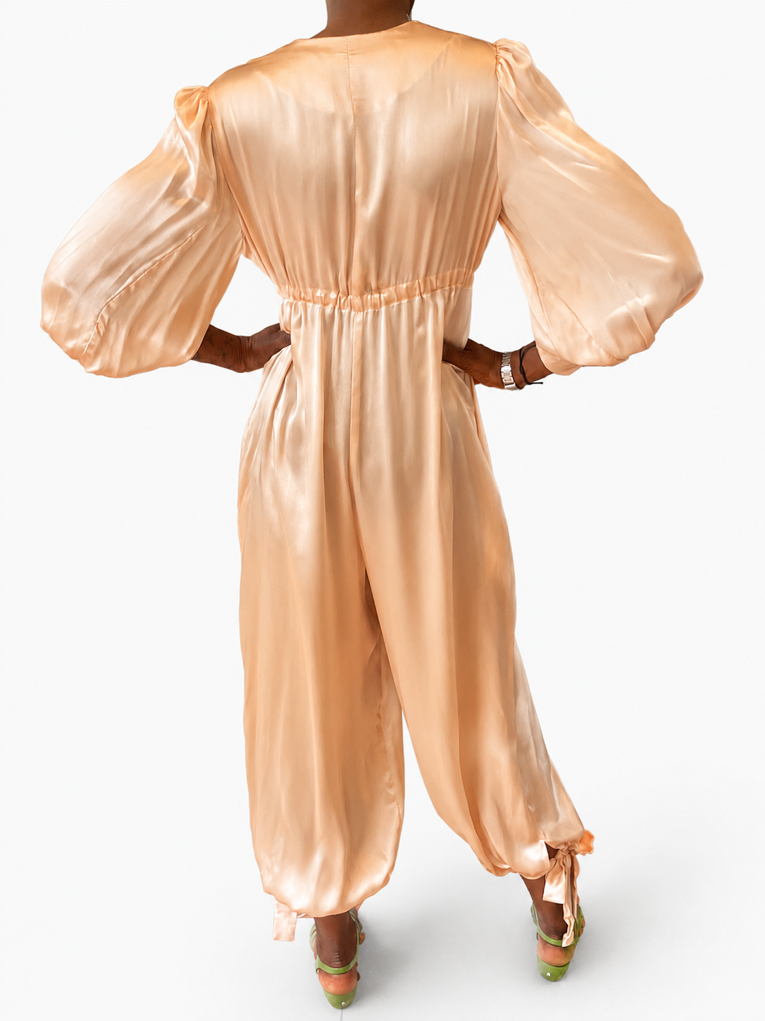 Percy Jumpsuit in Peach with Gathered Tie Cuffs