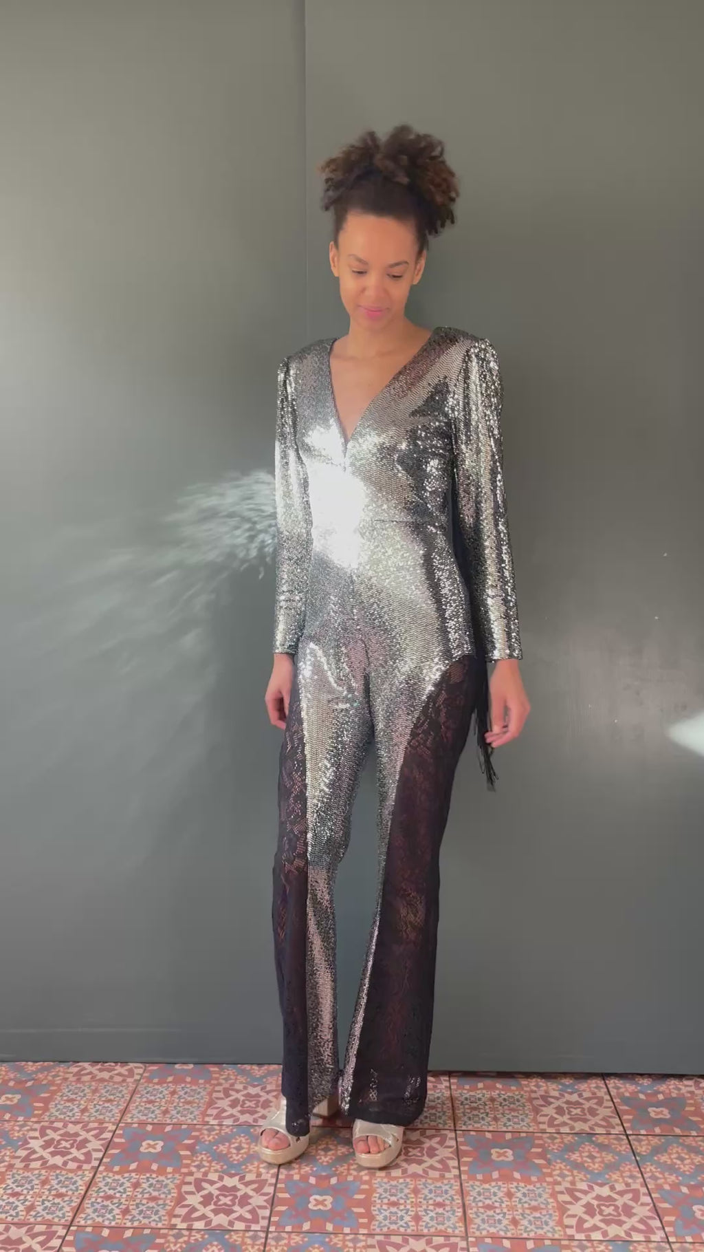 Simone Sequin Jumpsuit in Silver Sequin