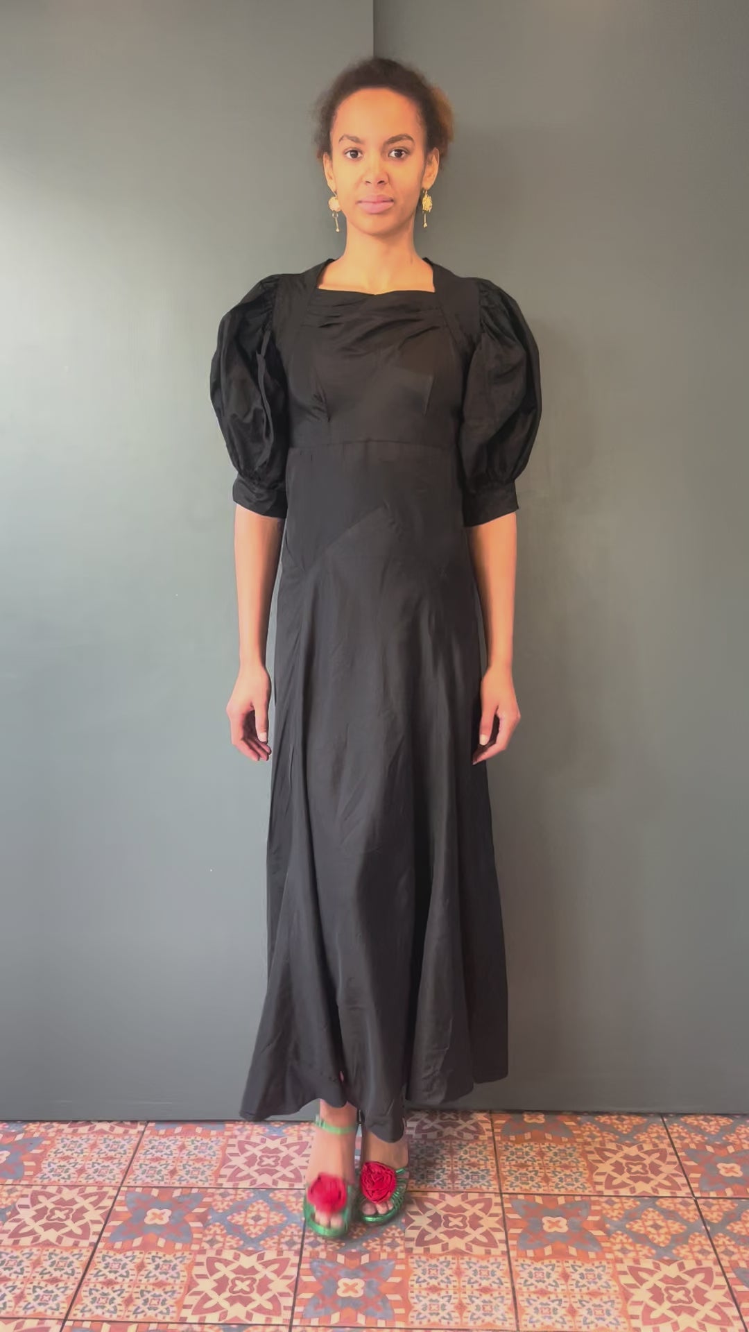 1920s/30s Black Silk Puff Sleeve Gown