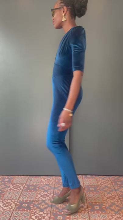 Ziggy Jumpsuit in Sapphire Blue Velvet with Sequin Zap