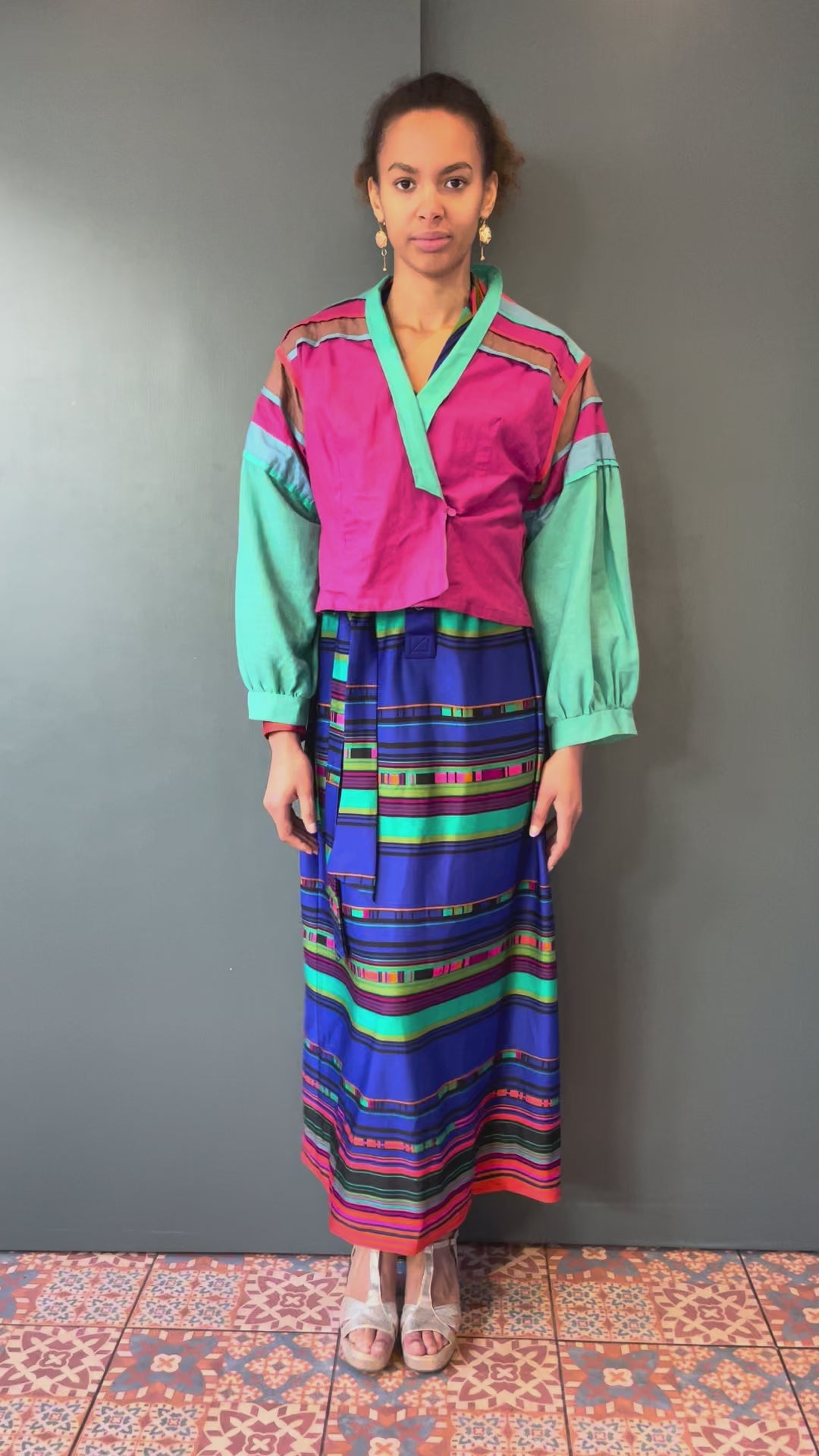 1980s Acey Overseas Pink & Turquoise Balloon Sleeve Summer Jacket
