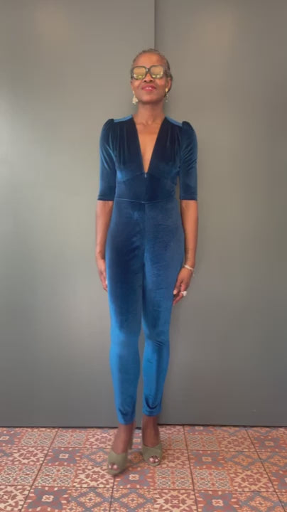 Ziggy Jumpsuit in Sapphire Blue Velvet with Sequin Zap