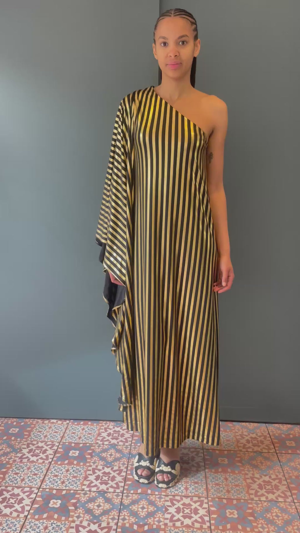 Olga Shoulder Dress in Black and Gold Stripe