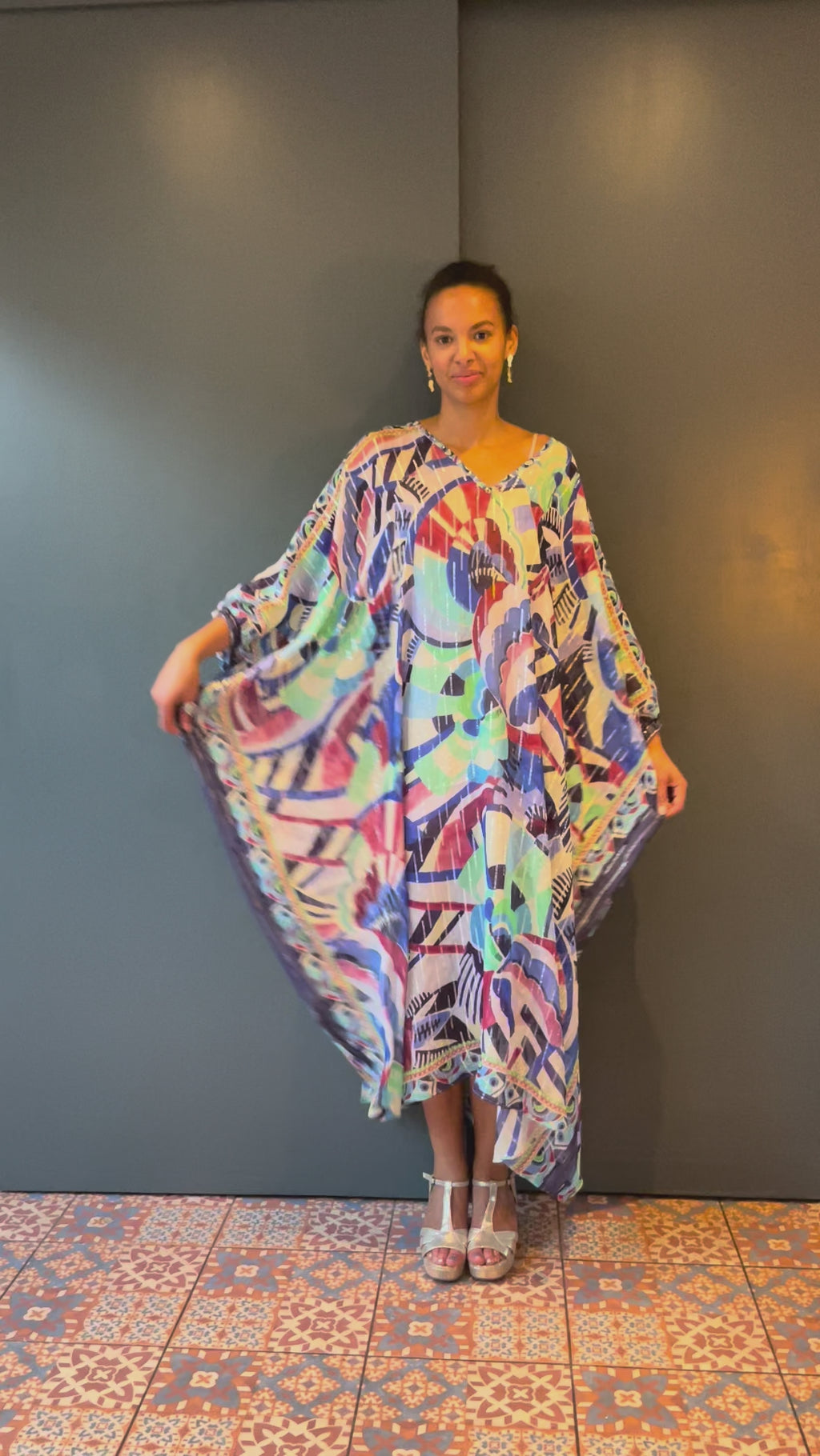 Abstract Silk Chiffon Lurex Kaftan