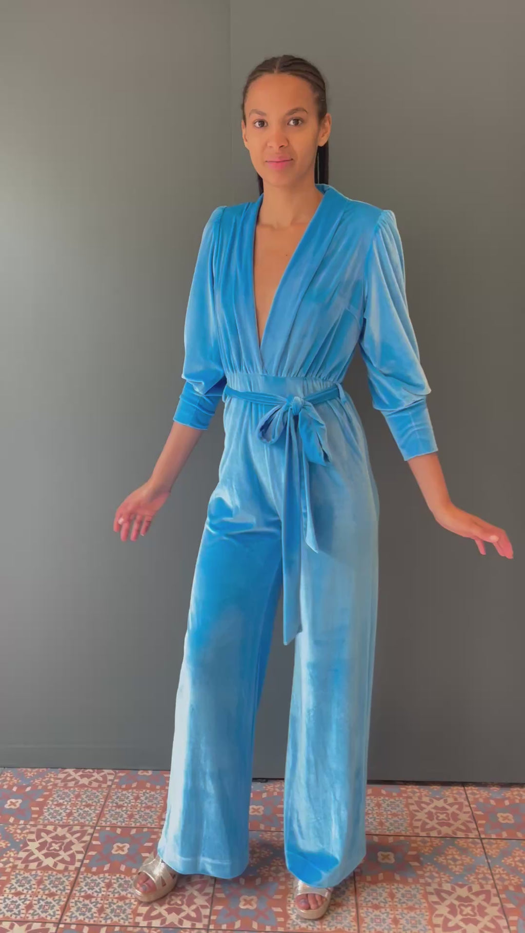 Dancing Queen Jumpsuit in Sky Blue Velvet