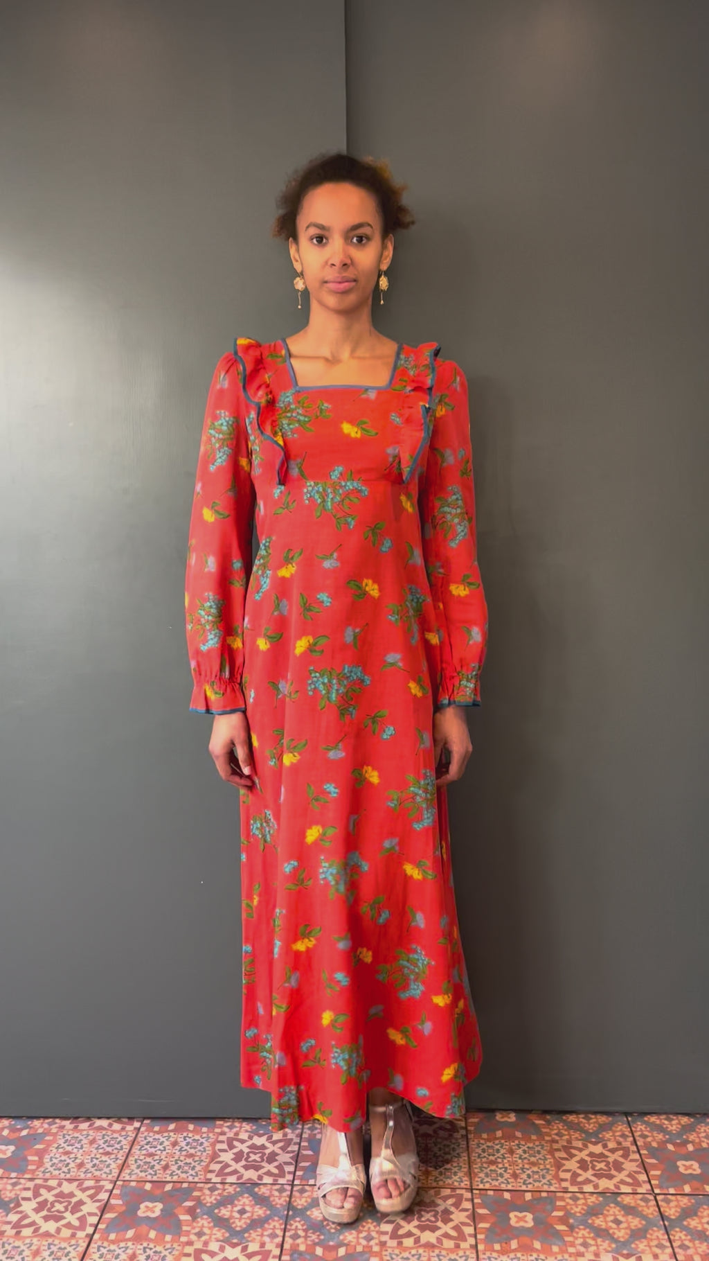 1970s Empire Line Floral Cotton Maxi Dress