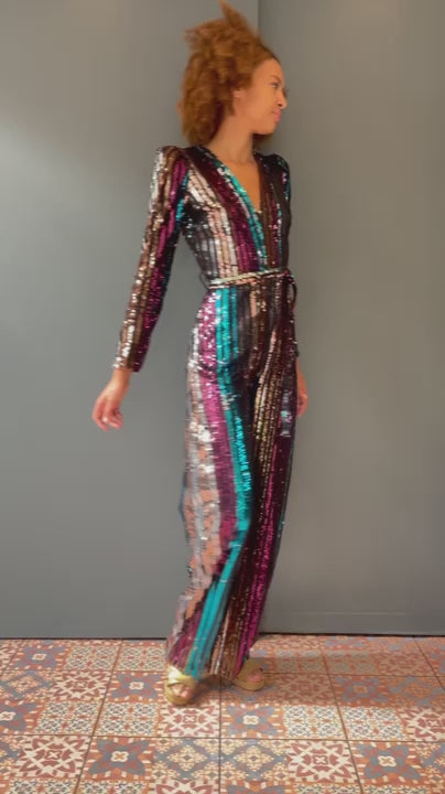Rachel Jumpsuit in Rainbow Sequin Stripe