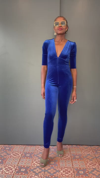 Ziggy Jumpsuit in Electric Blue Velvet with Sequin Zap