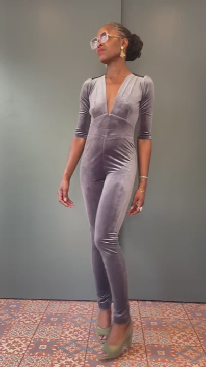 Ziggy Jumpsuit in Grey Velvet with Sequin Zap
