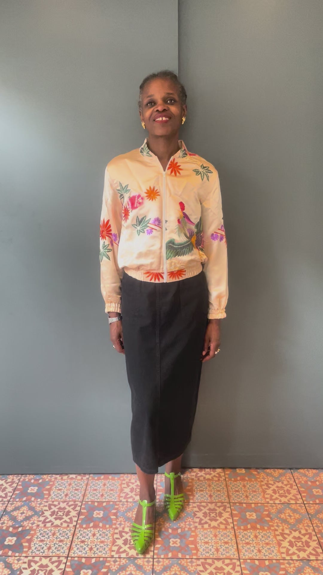 Champagne Embroidered Kimono Silk Bomber Jacket