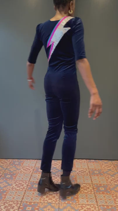 Ziggy Jumpsuit in Dark Blue Velvet with Sequin Zap