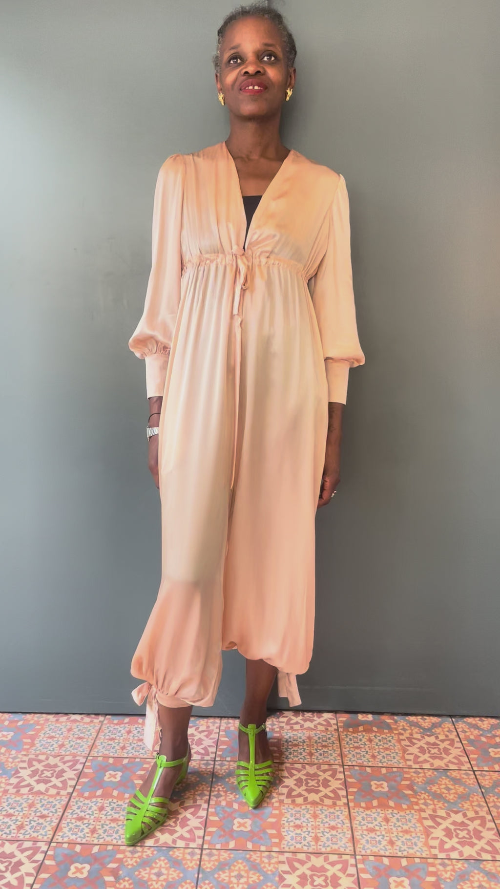 Percy Jumpsuit in Peach with Gathered Tie Cuffs