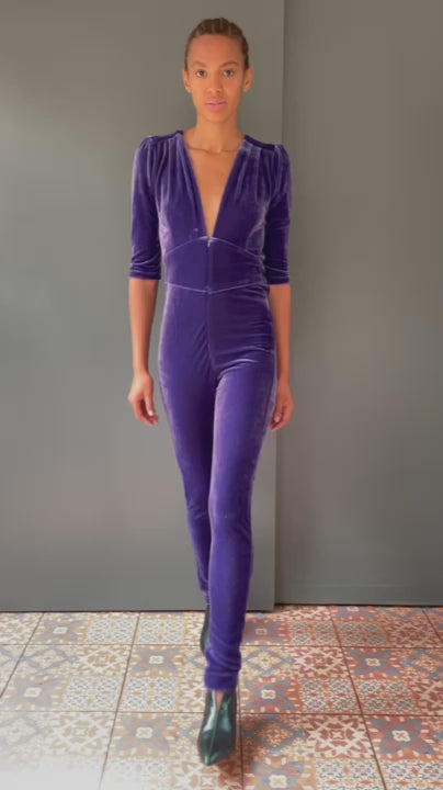 Ziggy Jumpsuit in Deep Purple Velvet with Sequin Zap