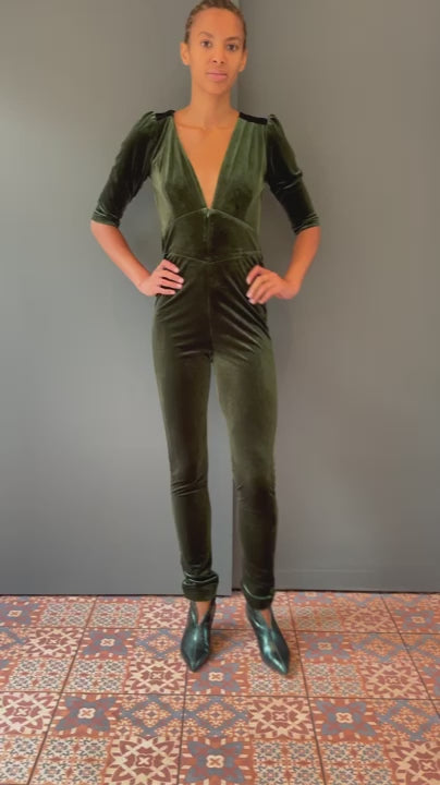 Ziggy Jumpsuit in Olive Green Velvet with Sequin Zap