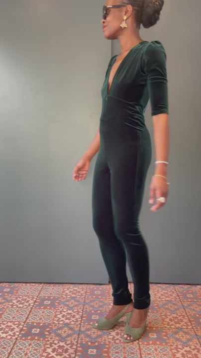 Ziggy Jumpsuit in Dark Green Velvet with Sequin Zap