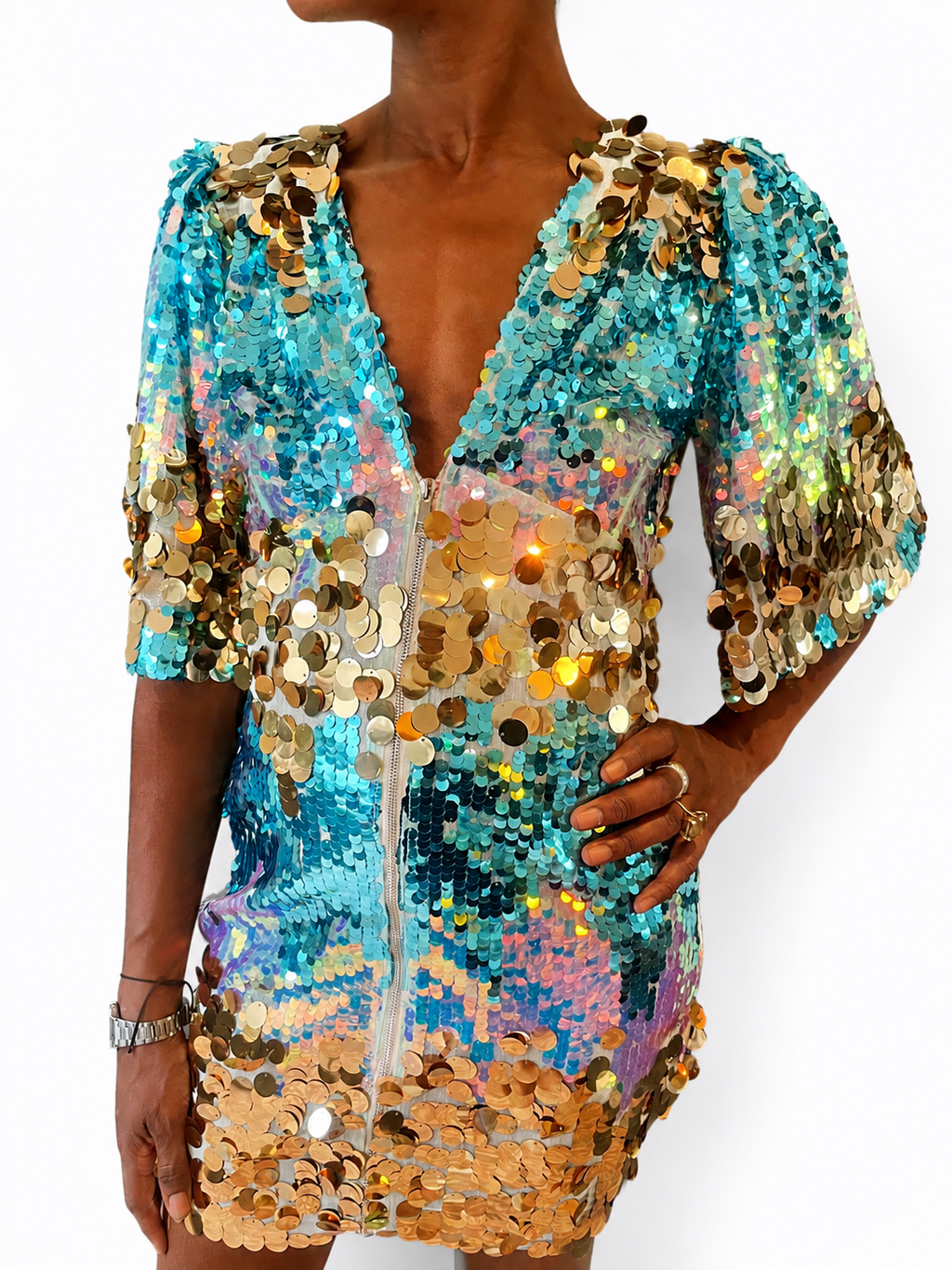 Sophie B Turquoise and Silver Sequin Mini Dress