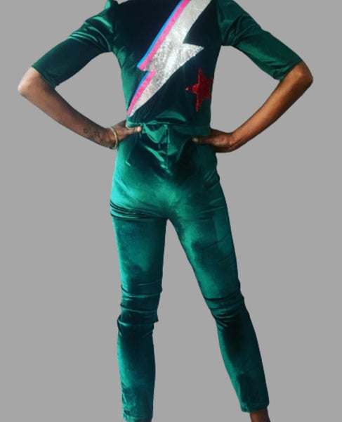 Ziggy Stardust Jumpsuit in Deep Green Velvet