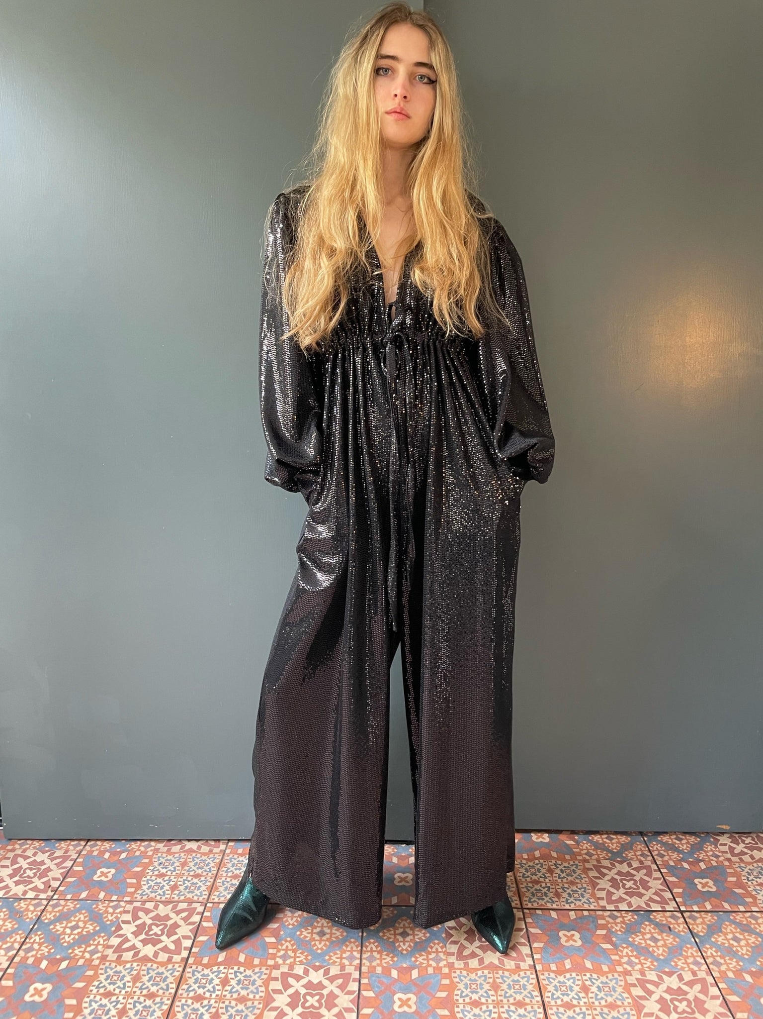 Percy Jumpsuit in Black Sequin Deadstock Fabric